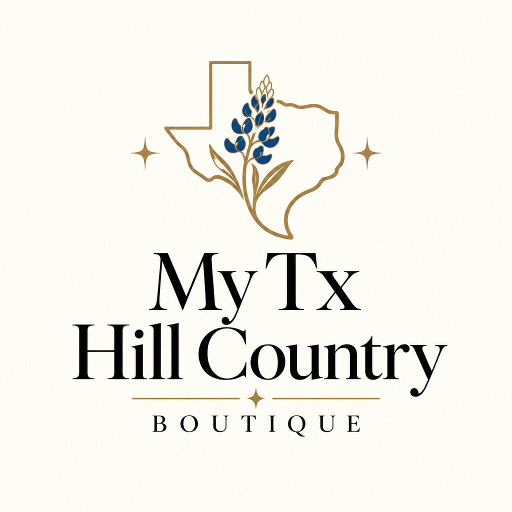 My TX Hill Country Boutique logo with a gold Texas outline and bluebonnet